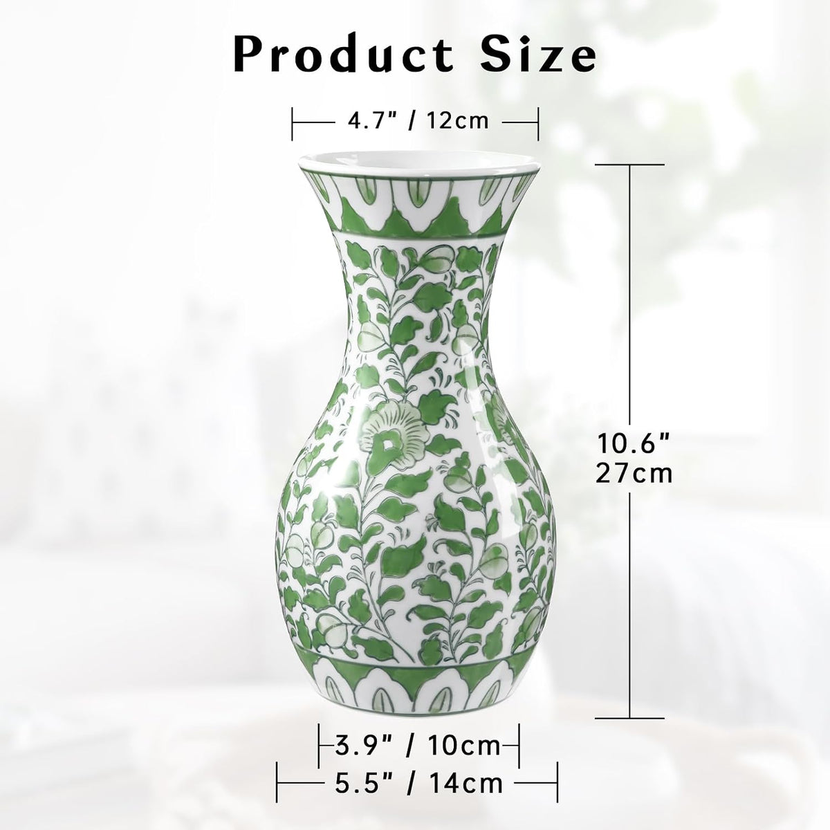 Green and White Ceramic Vase 11" Chinoiserie Flower Vase in Wide Mouth