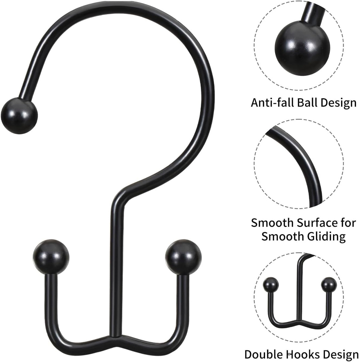 CHICTIE Black Shower Curtain Hooks, Double Shower Curtain Rings, Stainless Steel Shower Curtain Hooks Rings Rust Proof, Anti-Drop Shower Hooks Hangers for Shower Curtain Rods Bathroom (12 Pack)