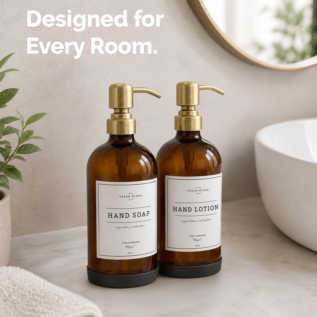 Vine Creations Amber Glass Soap Dispenser, 2 Pack Kitchen Soap Dispenser Set with Stainless Steel Pump, 16 oz Hand Soap and Dish Soap Dispensers for Kitchen or Bathroom with Waterproof Labels