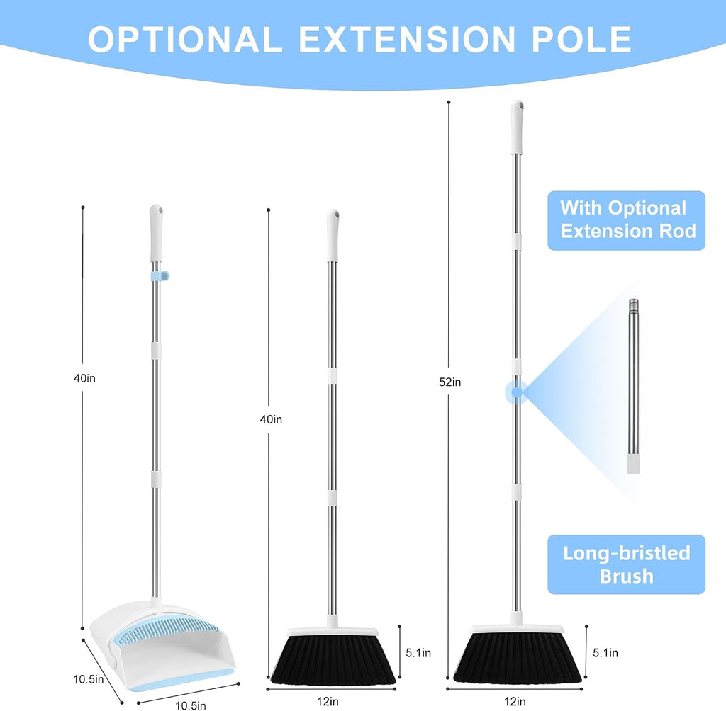 BSKLIN Broom and Dustpan Set, Broom with Dustpan Combo Set with Teeth to Clean Pet Hair 52-in Long Adjustable Handle Broom for Home Office Kitchen Lobby (White&Blue)