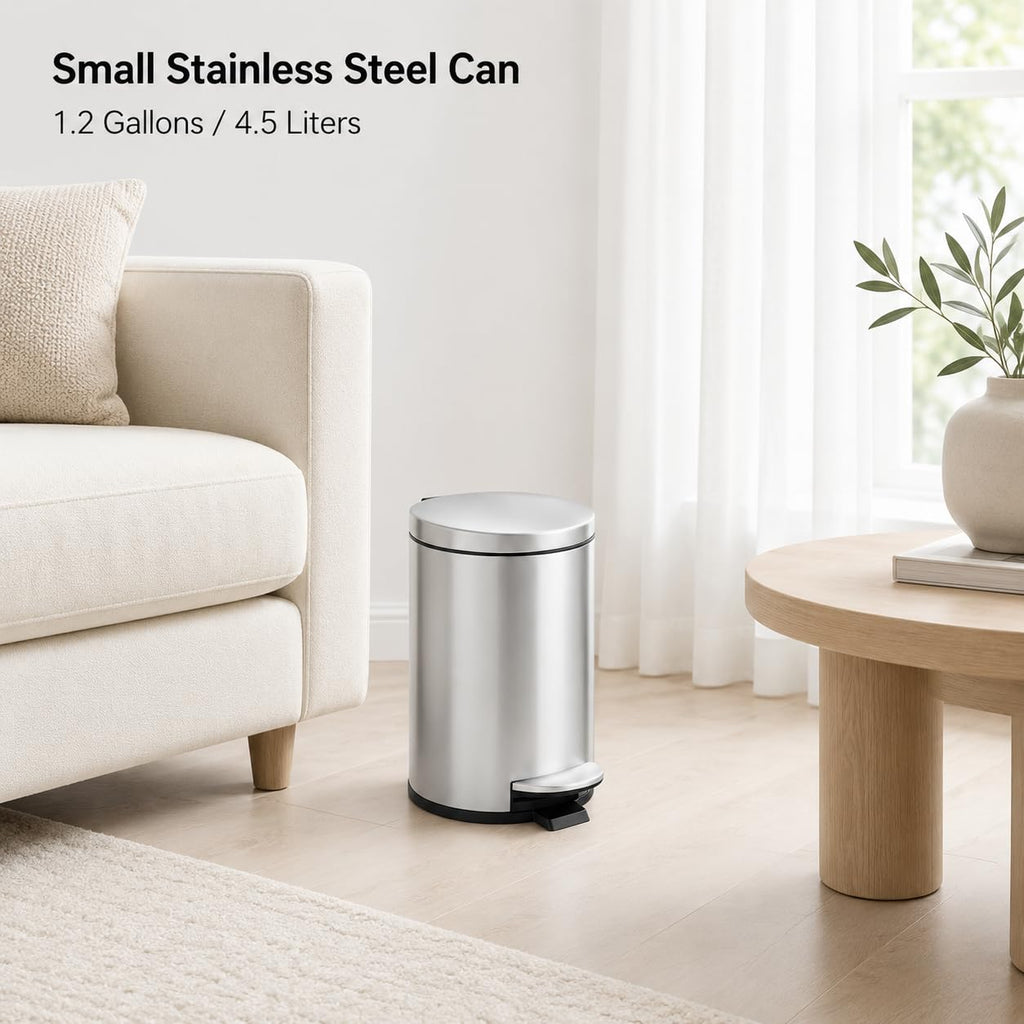 TIPGO Small Bathroom Trash Can with Lid Soft Close, 1.2 Gal, Silver