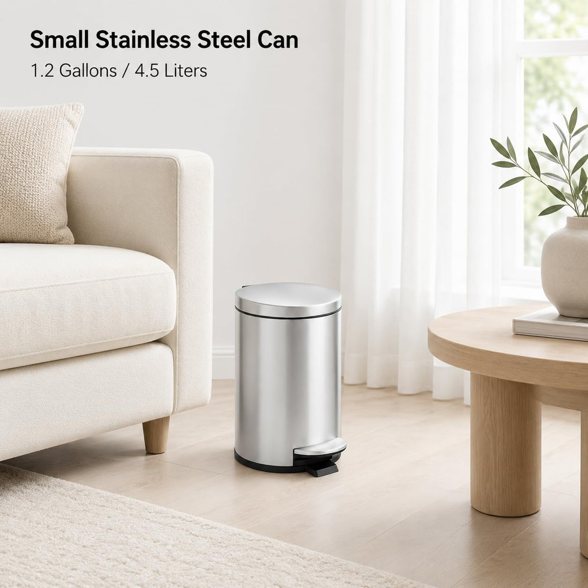 TIPGO Small Bathroom Trash Can with Lid Soft Close, 1.2 Gal, Silver