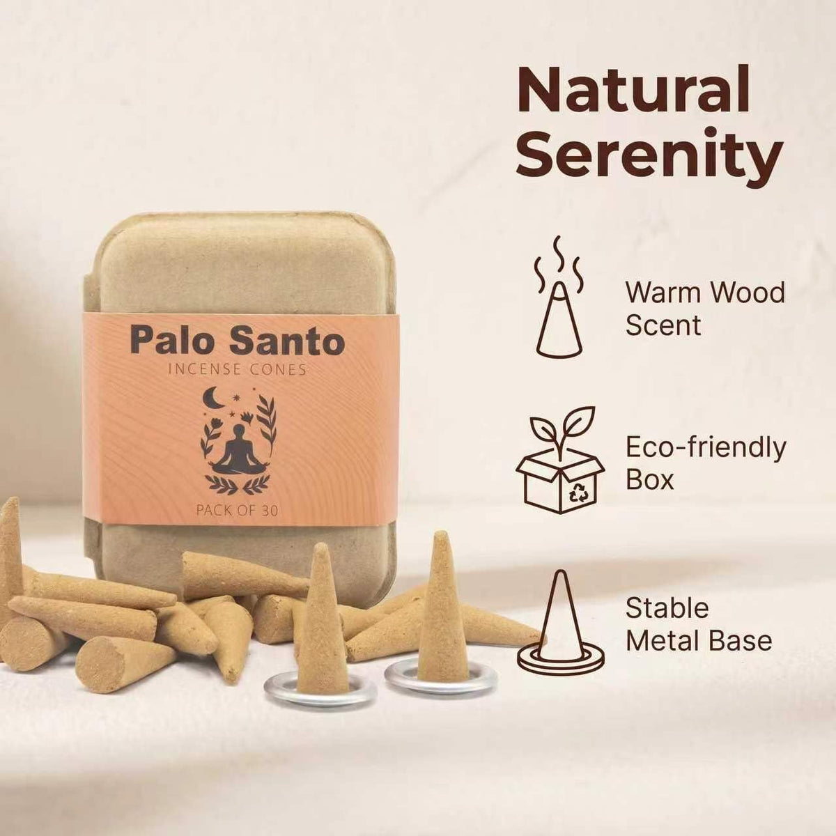 Palo Santo Incense Cones 30 Count, Include 2 Metal Dishes