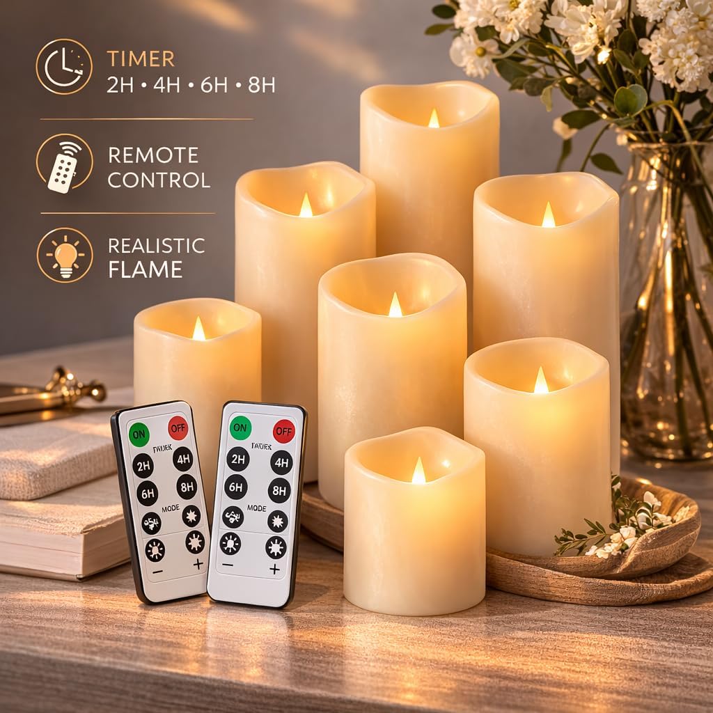 Enido 9pcs Flameless Flicking LED Candles with Remote, Battery Operated Outdoor Waterproof Candles, Electric Candle for Dining Tables and Halloween Decoration
