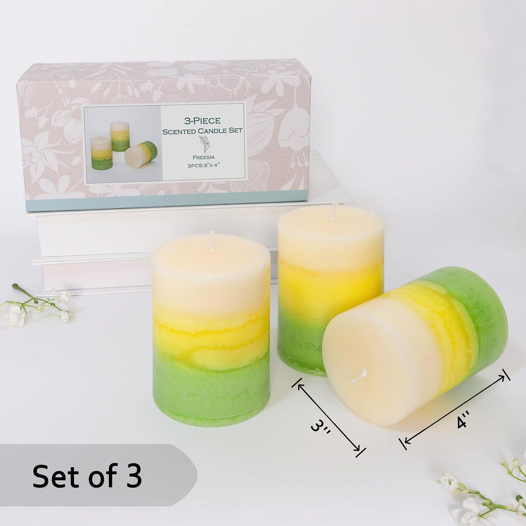 Pillar Candles, Freesia Scented Candles 35+Hour Long Lasting Burn Time, 3 X 4 Inches Dripless & Smokeless Aromatherapy Candles for Wedding Party Home Décor, Set of 3