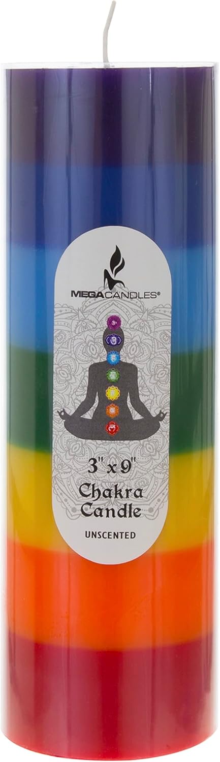 Mega Candles 3 pcs Unscented Multi Color Solid Pillar Chakra Candles, Hand Poured Premium Wax Candle 3 Inch x 9 Inch, 100% Cotton Wick, Positive Energy, Healing, Meditation, Relaxation, Reiki, Yoga