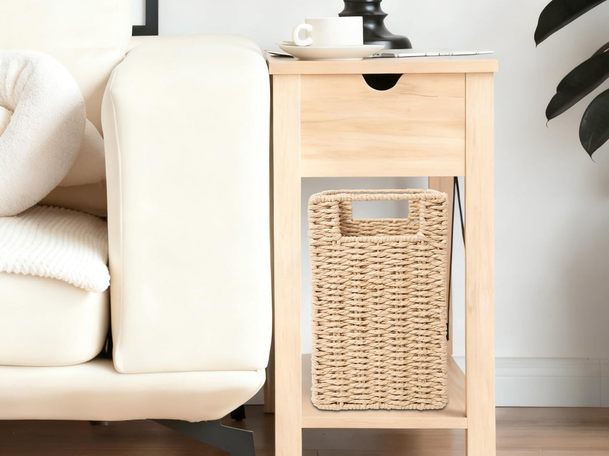 YAHUAN Foldable Woven Paper Rope Storage Basket Magazine Basket with Built-in Handles, Magazine Rack Floor, Hand-woven Book Basket Newspaper Holder for Living Room, Bedroom, Office (Paper rope)
