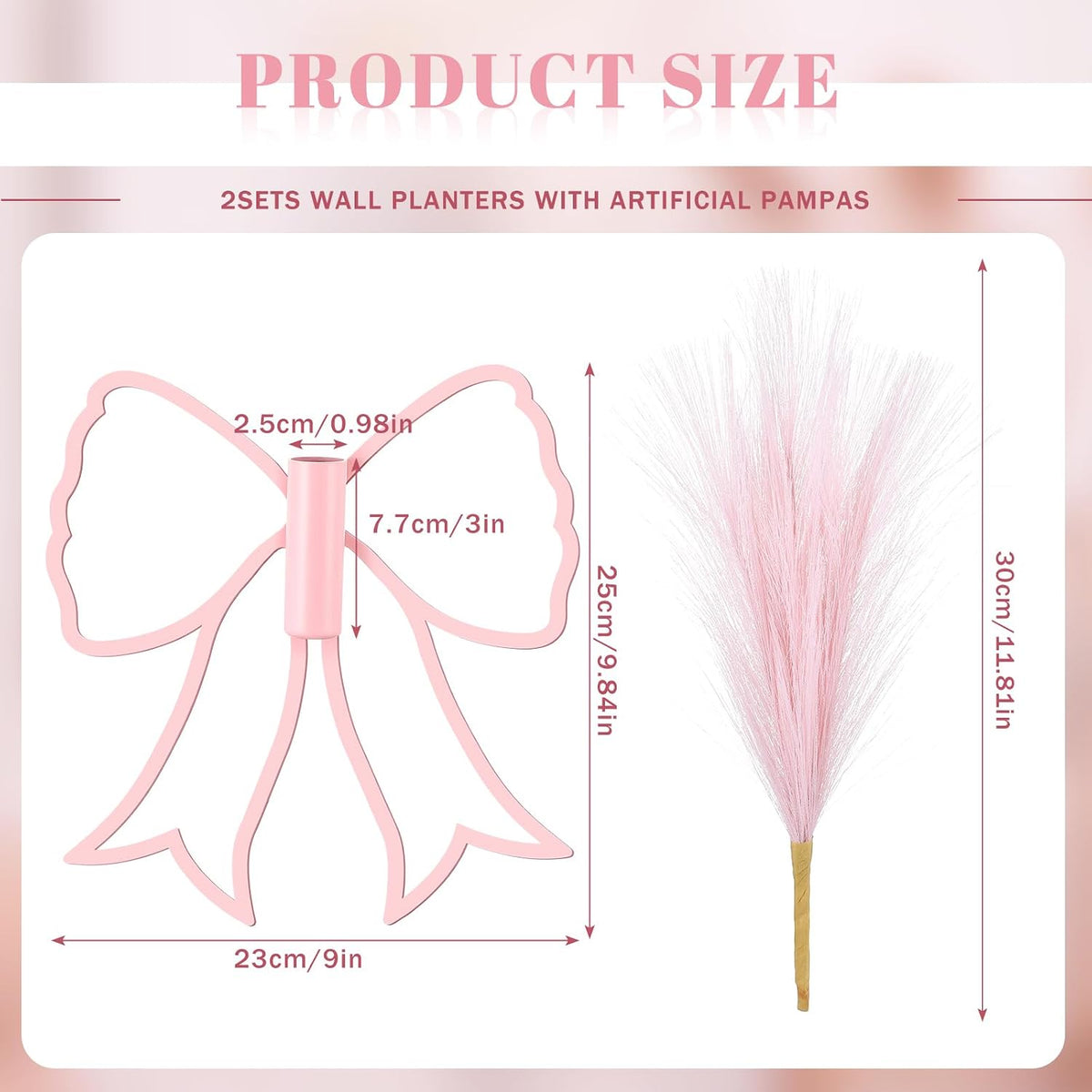 Weysat 2 Pcs Pink Bow Wall Decor Metal Art with Pampas Coquette Wall Decor