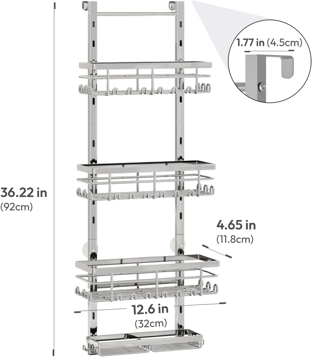 SWTYMIKI Over The Door Shower Caddy - 4 Tier Rustproof Hanging Shower Organizer with Adjustable Shelves, 40 Hooks & Soap Holder, Hanging Shower Rack Storage for Bathroom Accessories, Silver
