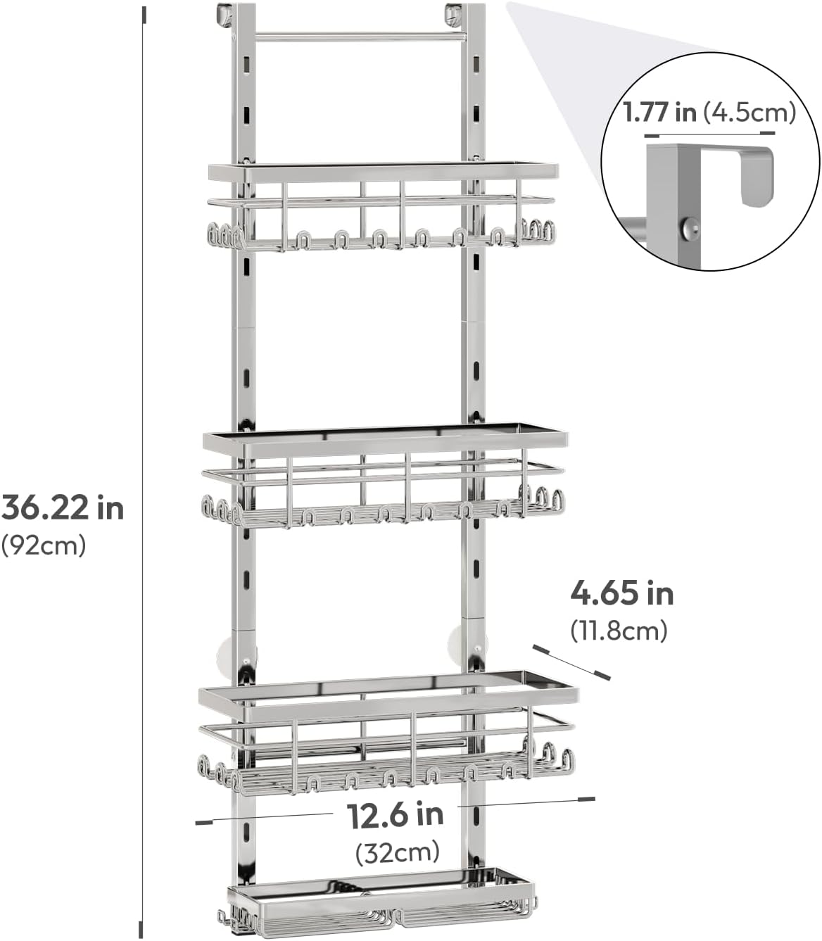 SWTYMIKI Over The Door Shower Caddy - 4 Tier Rustproof Hanging Shower Organizer with Adjustable Shelves, 40 Hooks & Soap Holder, Hanging Shower Rack Storage for Bathroom Accessories, Silver