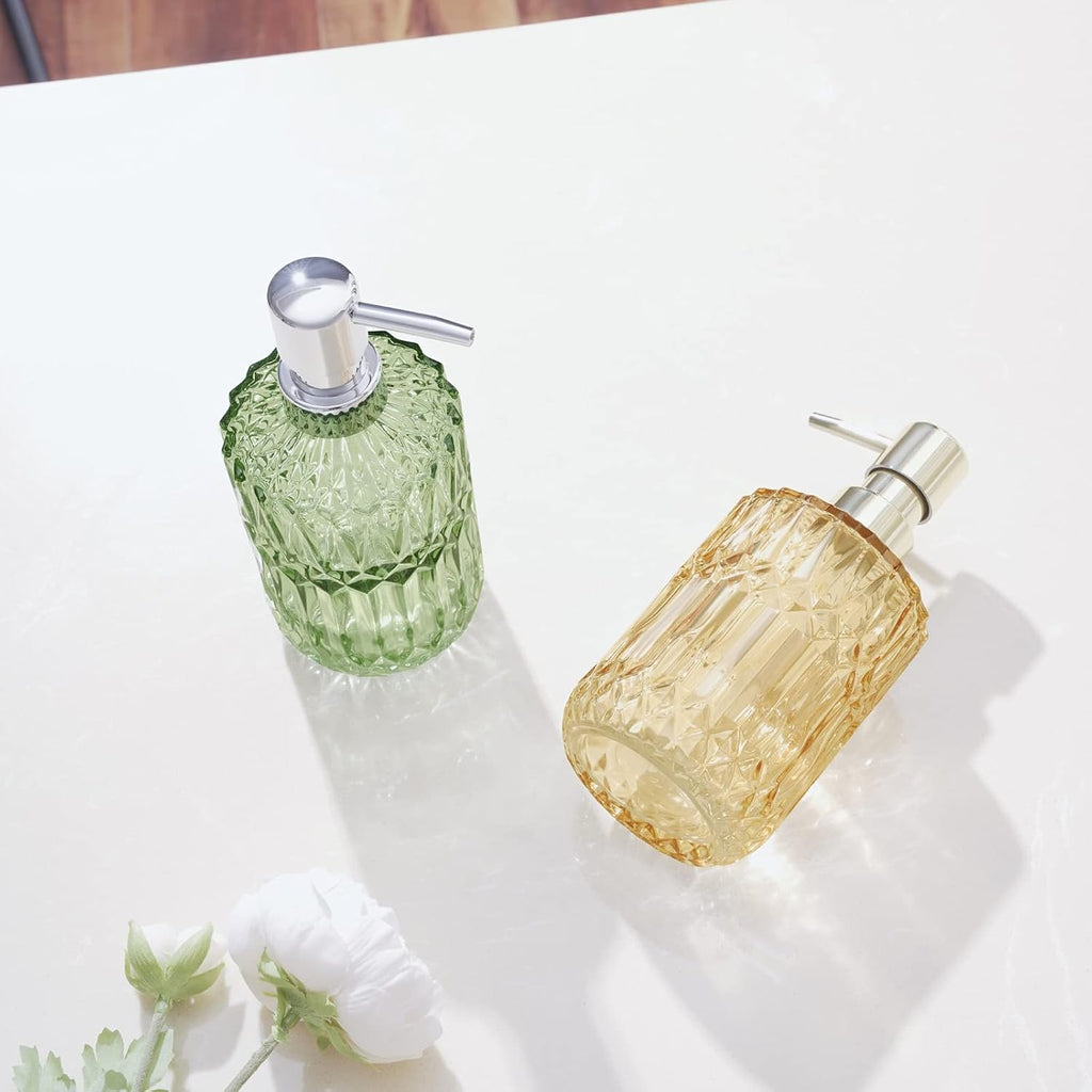 Diamond Design 12 Oz Green Glass Soap Dispenser,Refillable Lotion Soap Dispenser for Bathroom, Kitchen, Hand Soap, Dish Soap,Shampoo, Ideal for Bathroom Countertop. (Clear Gold)