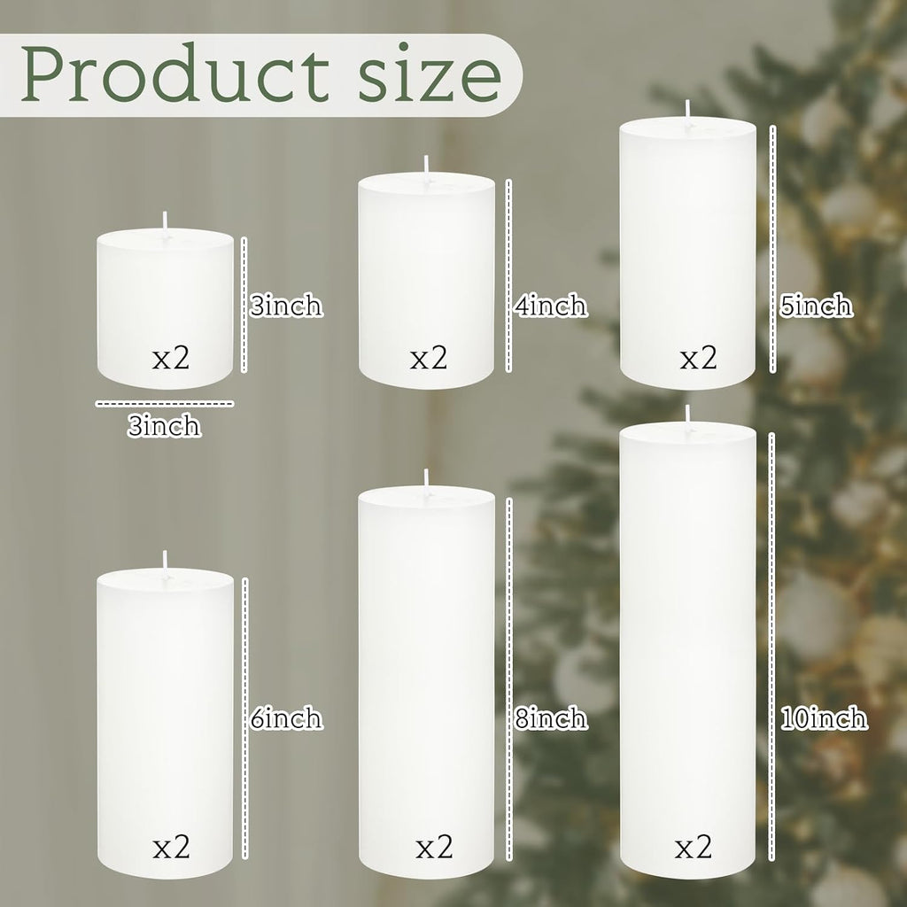 Shihanee 12 Pcs Pillar Candles Bulk Set Unscented Dripless,White