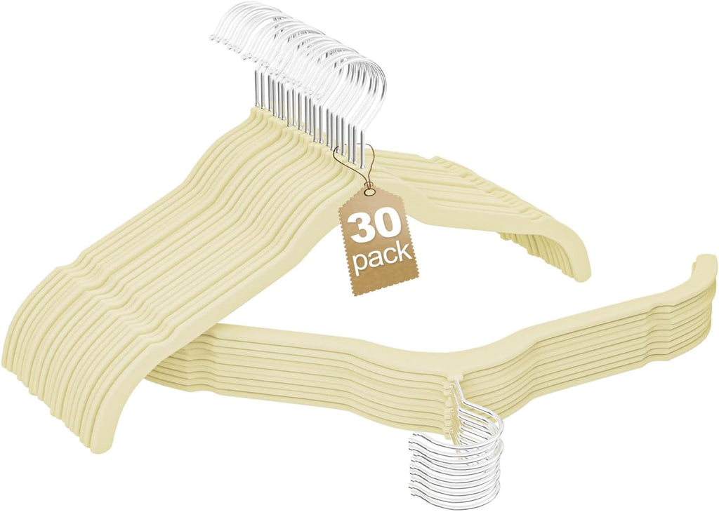 Velvet Shirt Hangers 30 Pack, No Shoulder Bumps for Clothes (Ivory)