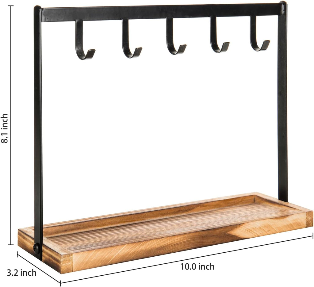 MyGift Black Metal Key Holder with 5 Hooks, Burnt Wood Jewelry Organizer