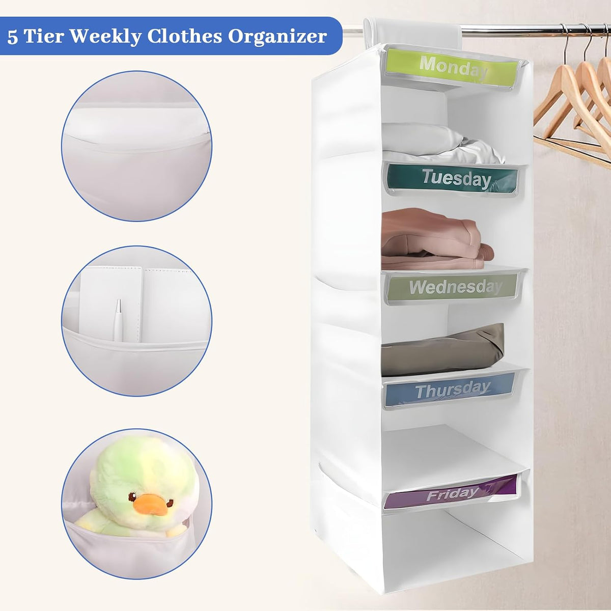 5-Shelf Weekly Clothes Organizer for Kids (White)