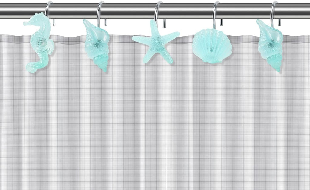 Beach Shower Curtain Hooks, Glow in The Dark, Creative Blue Starfish, Seashell, Conch and Seahorse, Coastal Theme Ocean Seaside Pretty Bathroom Décor