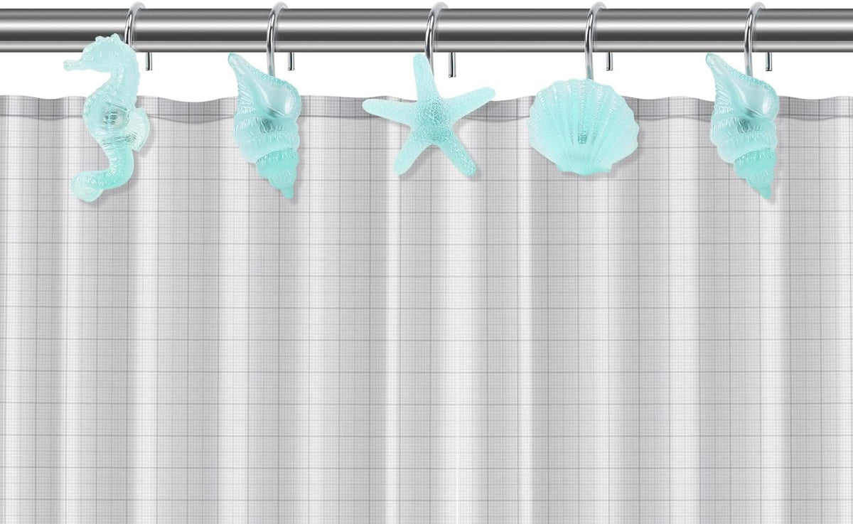 Beach Shower Curtain Hooks, Glow in The Dark, Creative Blue Starfish, Seashell, Conch and Seahorse, Coastal Theme Ocean Seaside Pretty Bathroom Décor