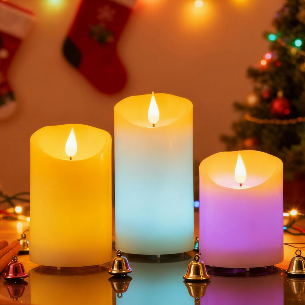 Flameless LED Color Changing Candles, Battery Operated Candle with Remote Control and Timer, Realistic Flame, Dimmable, Pillars for Halloween Decoration, D3''xH4''5''6'', 3Pcs