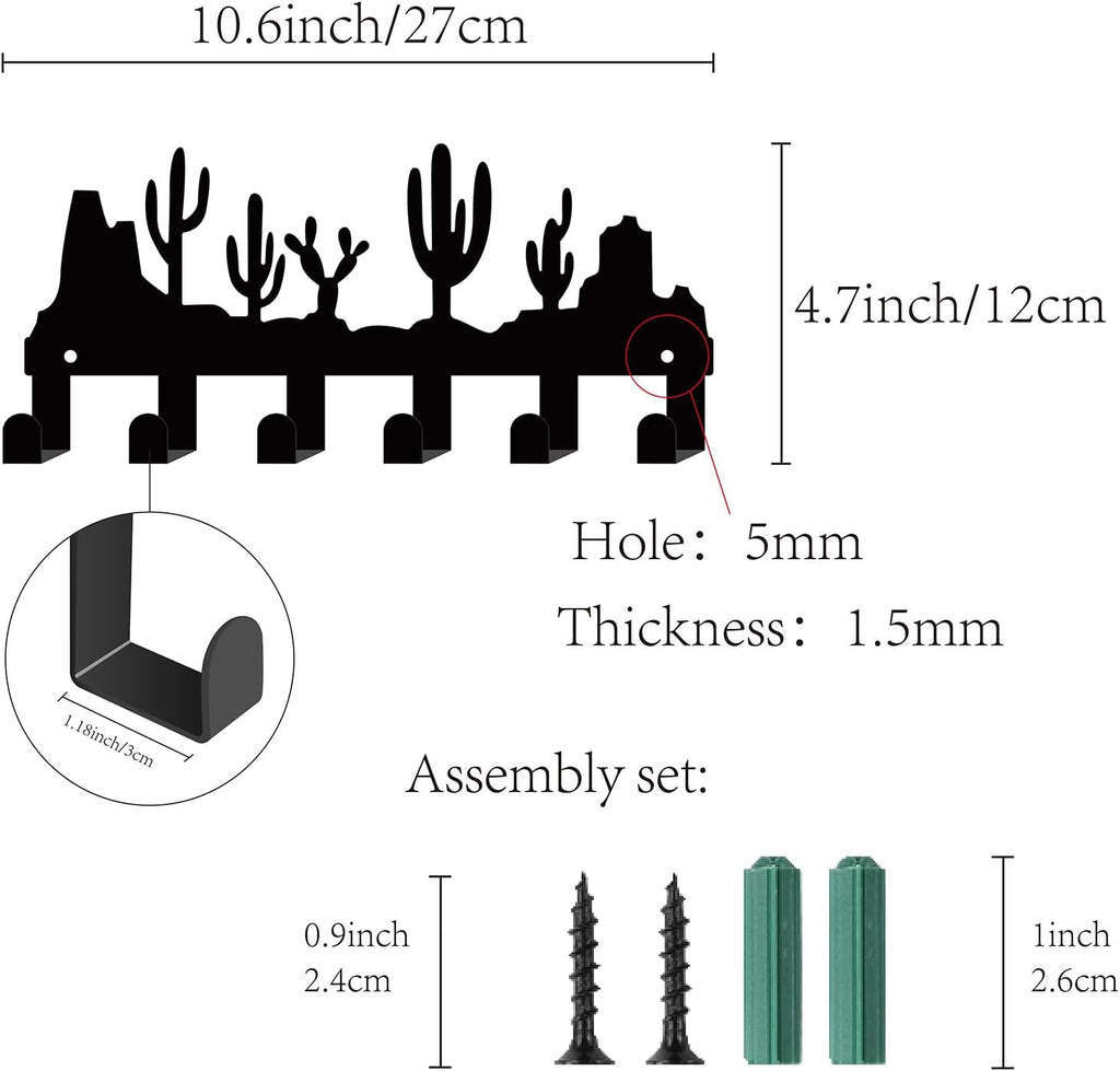CREATCABIN Cactus Black Metal Wall Mounted Key Hooks Holder with 6 Hooks - Key Hanger Organizer Rack Wall Decor for Entryway Front Door Hallway 10.6x6.3Inch