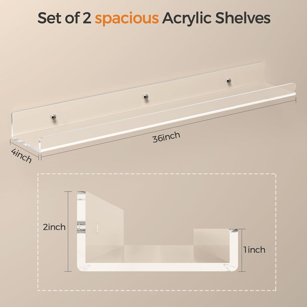 36 Inches Clear Acrylic Floating Shelves Wall, Bookshelf for Kids, Nursery Book Shelves, Magazine Rack, Picture Ledge Shelf for Photo Frames Vinyl Records, Pack of 4