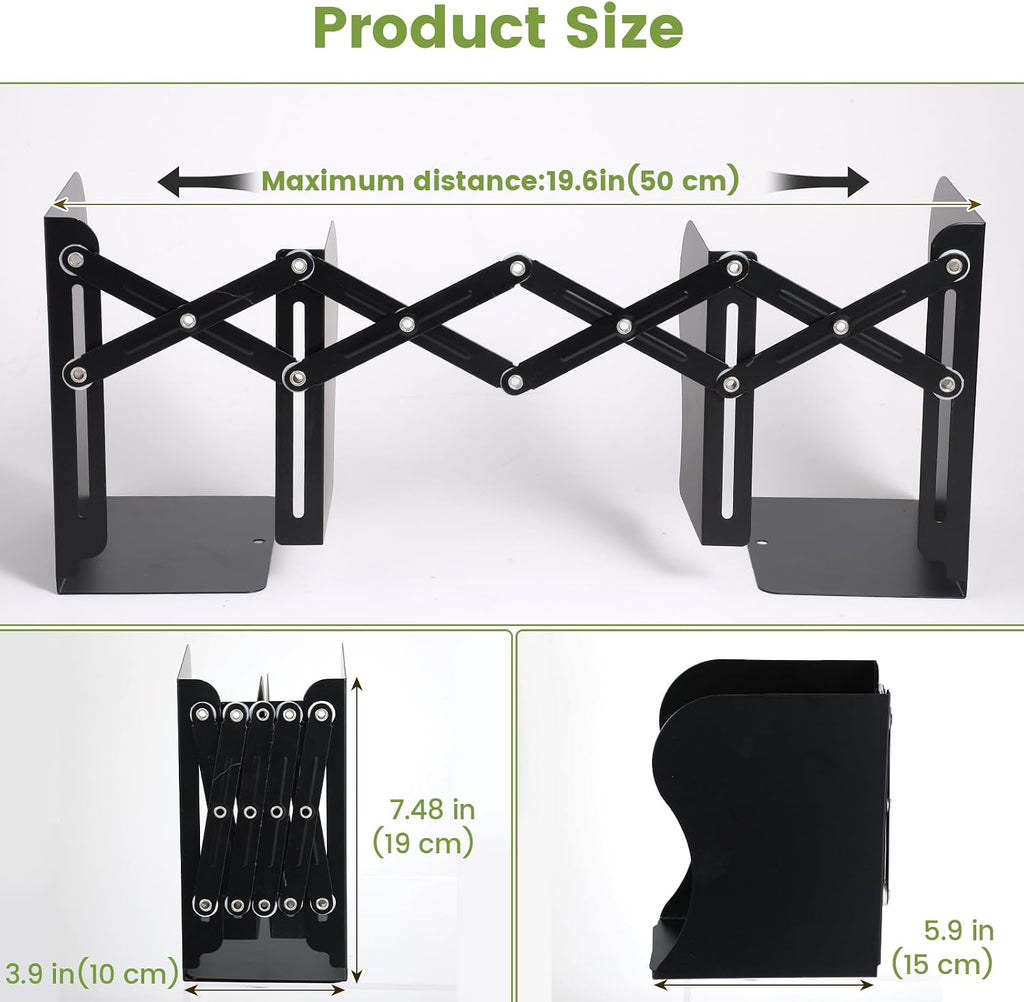 2PCS Heavy Duty Metal Bookends, Adjustable Book Organizer for Shelves & Desk with Non-Slip Pads, 3 Compartments, Extends up to 19 inches, Office & Home Use (Black)