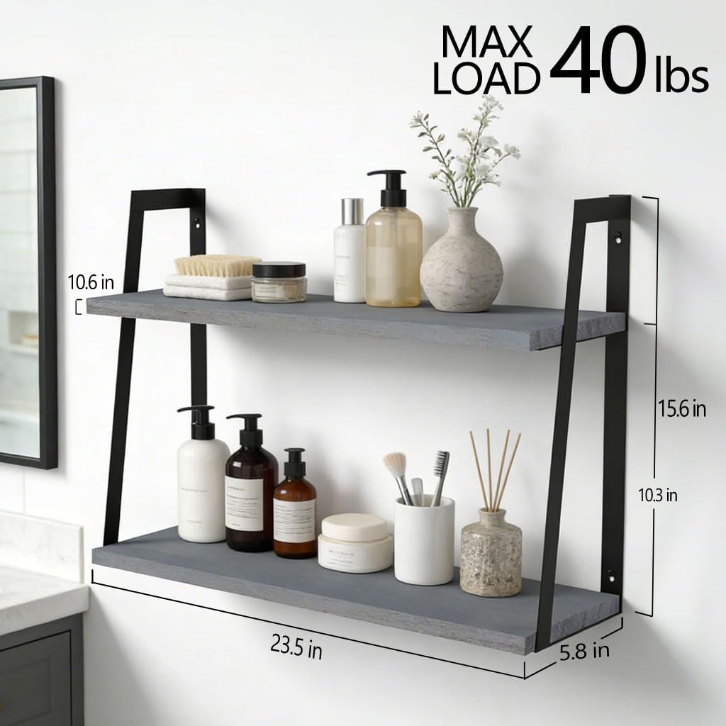 SRIWATANA Gray 2-Tier Floating Shelves, Wood Wall Storage Shelf Unit