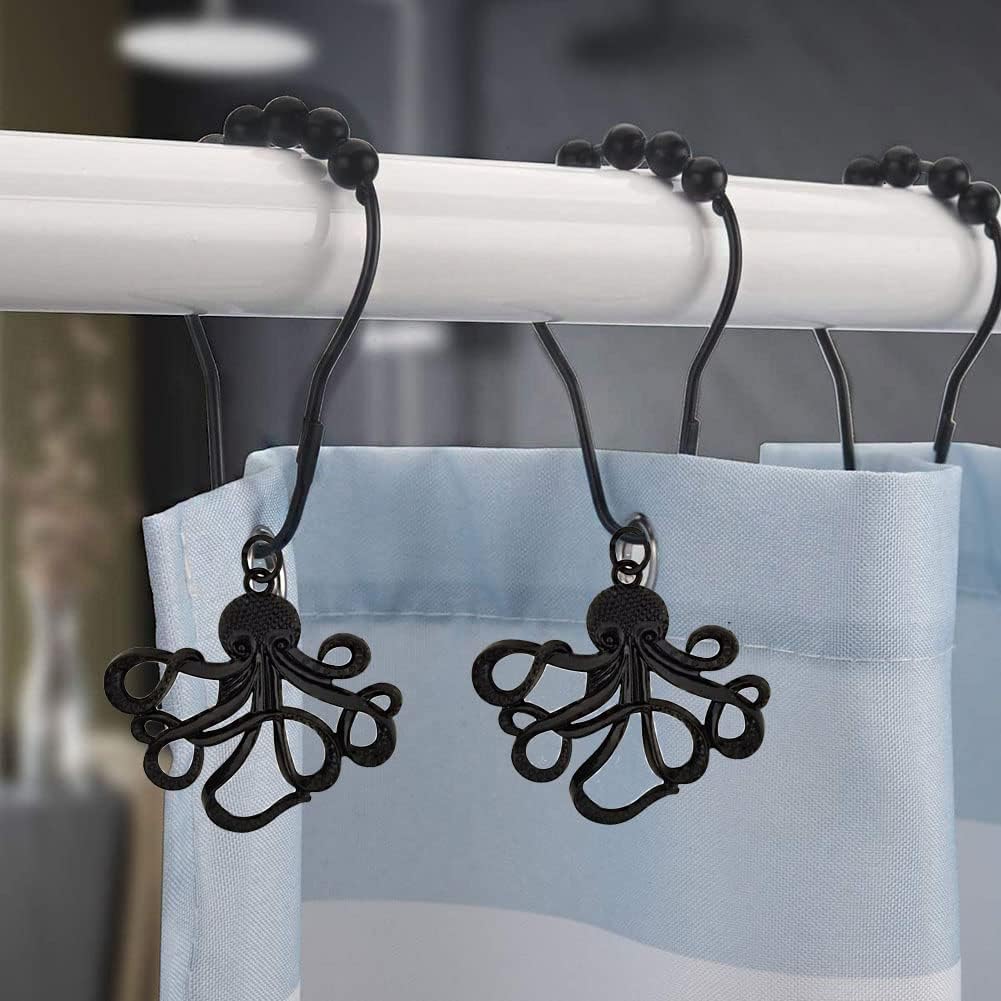 12Pcs Decorative Octopus Shower Curtain Hooks for Bathroom Rod, Black