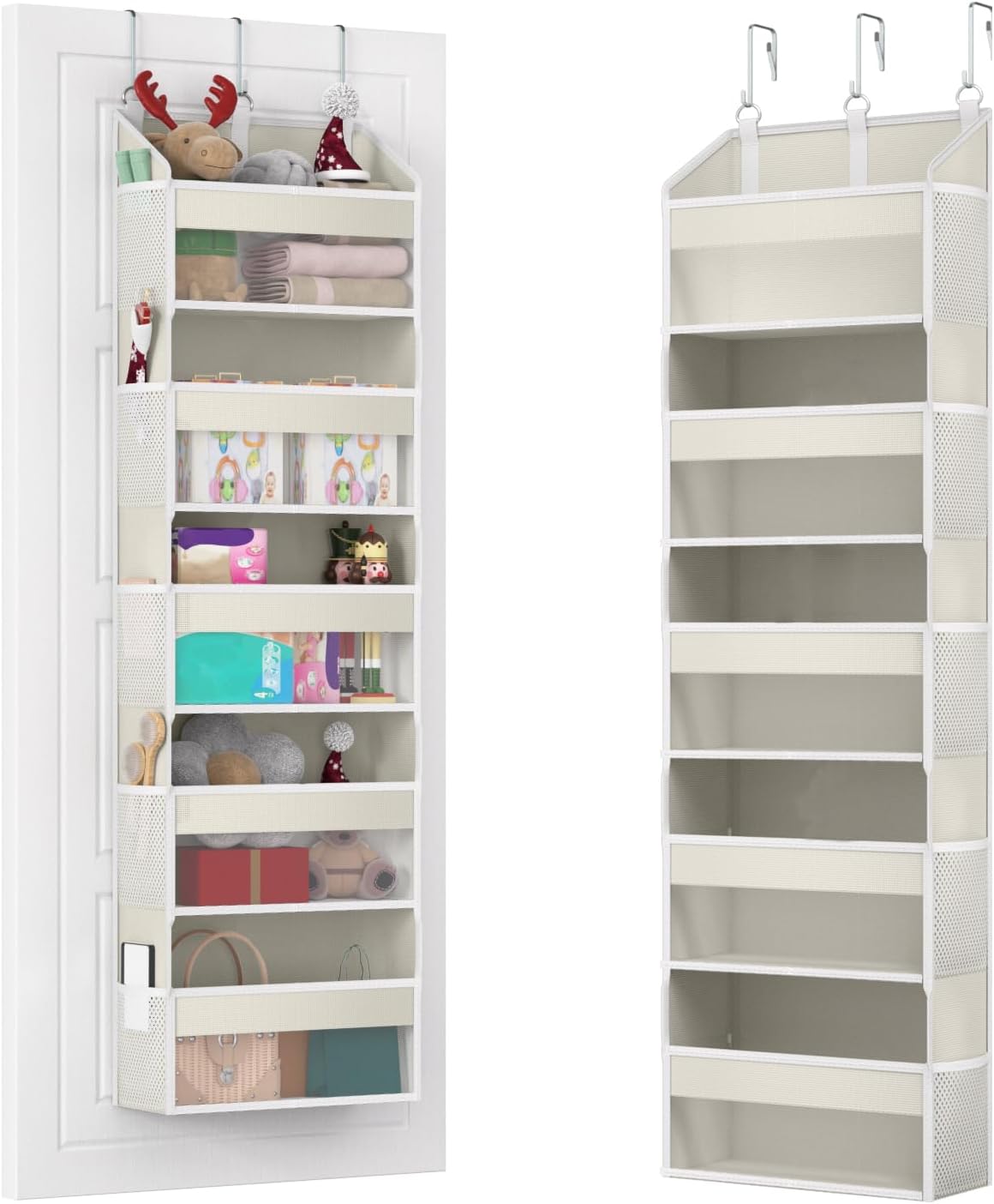 Over the Door Organizer Over the Door Shoe Organizer with 5 Front & 10 Mesh Side Pockets, Versatile 5 Shelf Hanging Holder 50lb Capacity Storage with 3 Hook for Closet, Kitchen, Pantry, Beige