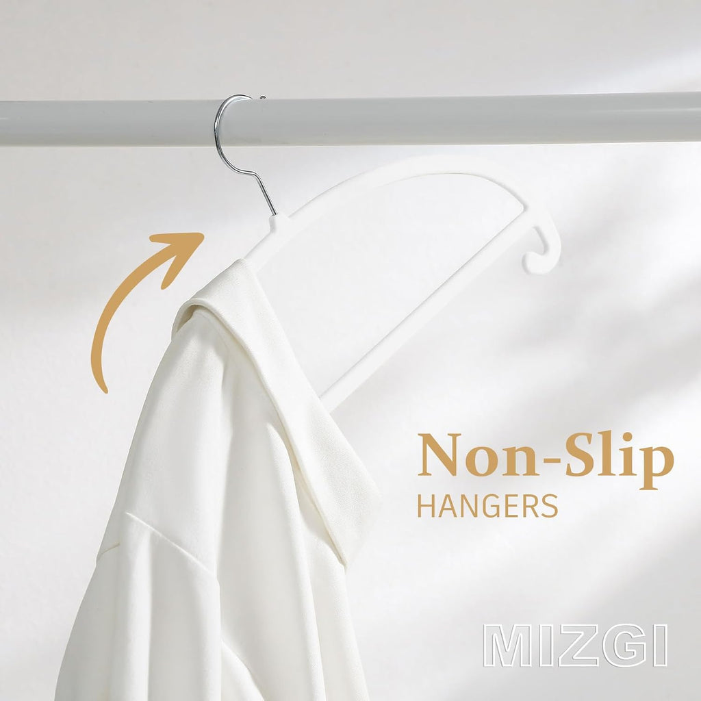 MIZGI 50 Pack White Velvet Hangers - No Shoulder Bumps, Heavy Duty Non-Slip Chrome Hooks for Jackets, Coats, Pants