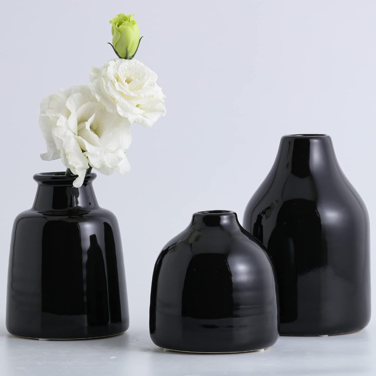 hjn Black Small Vase Set of 3 for Modern Home Decor,Ceramic Vases for Centerpieces Flower Vases for Living Room Wedding/Dinner Table/Party-Black