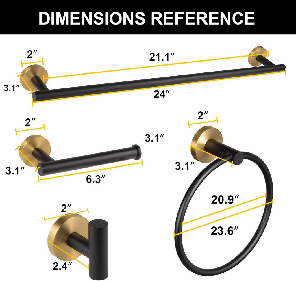 Lava Odoro 5-Piece Bathroom Hardware Set Black and Gold, 23.6 Inch Towel Bar Set Towel Rack Set Stainless Steel Wall Mounted Bathroom Holder Set Bathroom Accessories Set