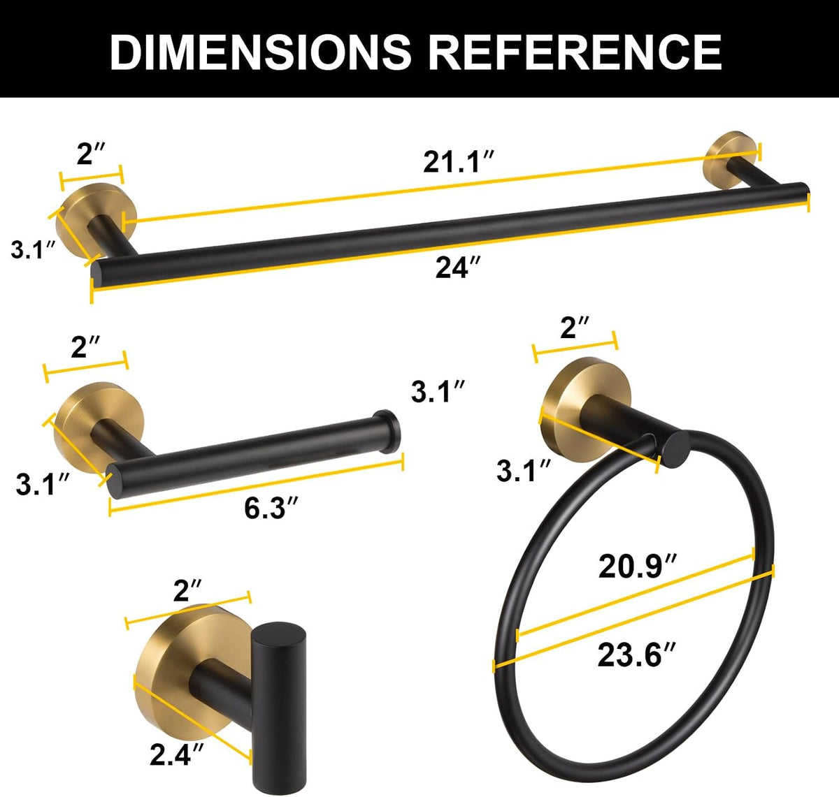 Lava Odoro 5-Piece Bathroom Hardware Set Black and Gold, 23.6 Inch Towel Bar Set Towel Rack Set Stainless Steel Wall Mounted Bathroom Holder Set Bathroom Accessories Set