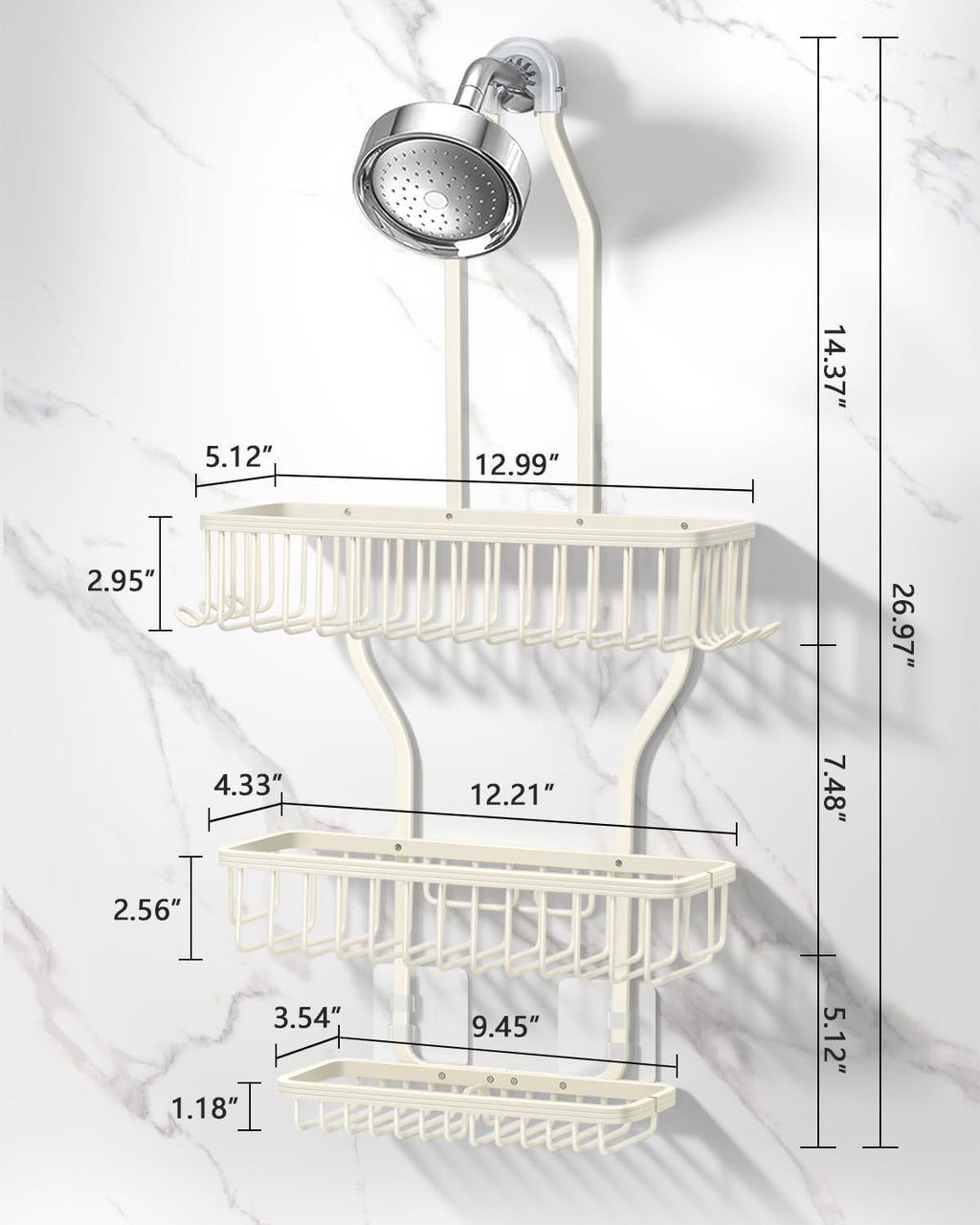 Shower Caddy Hanging - Never Rust Shower Hanging Organizer - Aluminum Over the ShowerHead Caddy with Soap Basket and 6 Hooks for Razor/Sponge (Milky White)