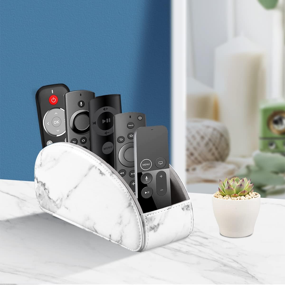 All-in-One Leather White TV Remote Holder for Remote Conrtols with 5 Compartments Nightstand Desktop Media Player Remote Caddy Storage Box Organizer Tray for Mobile Office Stationery Phone Controller