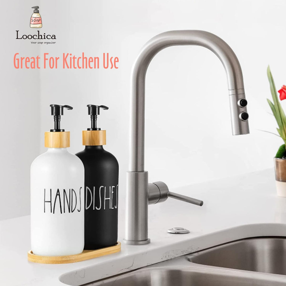 LOOCHICA 2 Pack Glass Soap Dispenser Set with Tray, Hand and Dish Glass Soap Dispensers for Kitchen Sink, Kitchen Soap Dispenser Set Suitable for Black and White Kitchen Decor