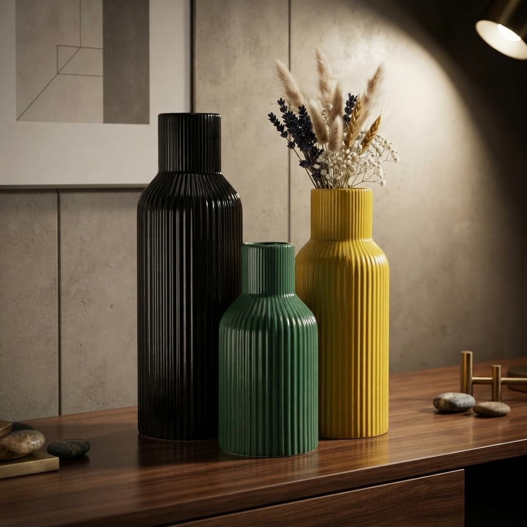 Colorful Ceramic Vases Set of 3,Smooth Vertical Ribbed, Minimalist for Pampas Dried & Fresh Flowers, Centerpiece for Living Room, Shelf, Entryway, Wedding (Black, Deep Green,Yellow)
