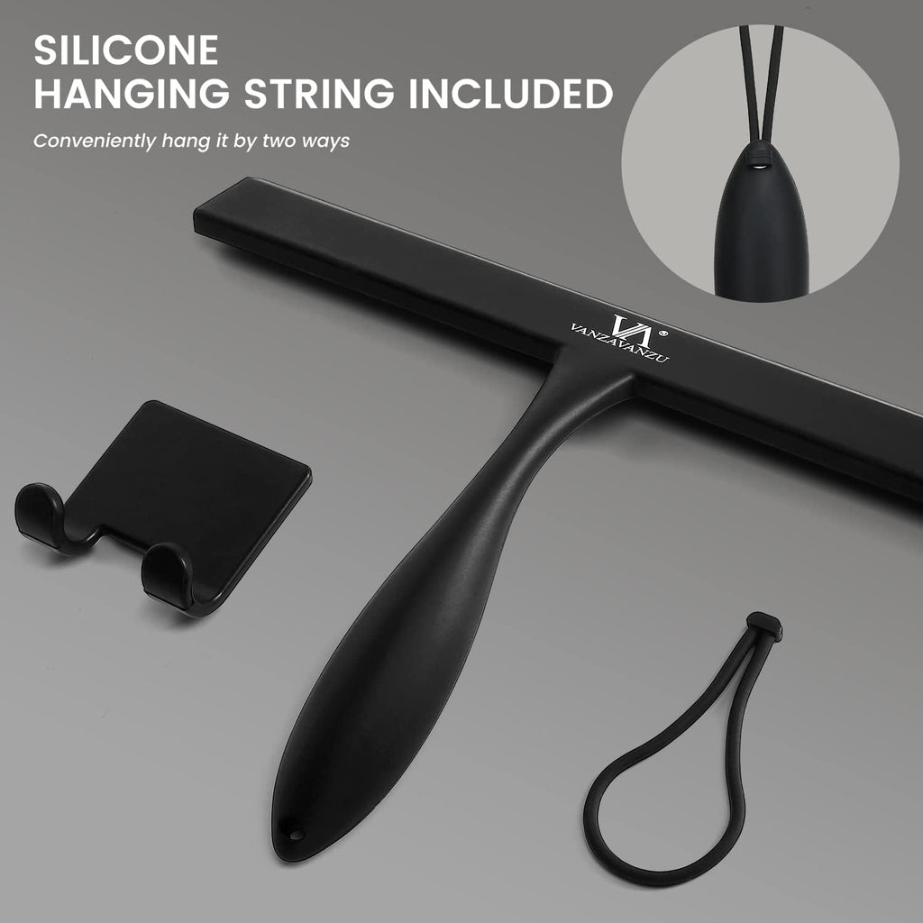 Shower Squeegee for Glass Doors, 11-Inch Silicone Squeegee with Non-Slip Handle and Adhesive Hook for Bathroom, Mirror, Tile, Car Window (Black)