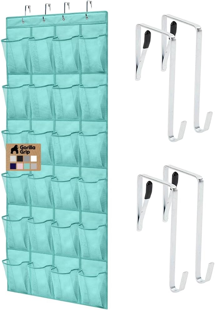 GORILLA GRIP Over the Door Shoe Organizer, 24 Large Pockets, Turquoise