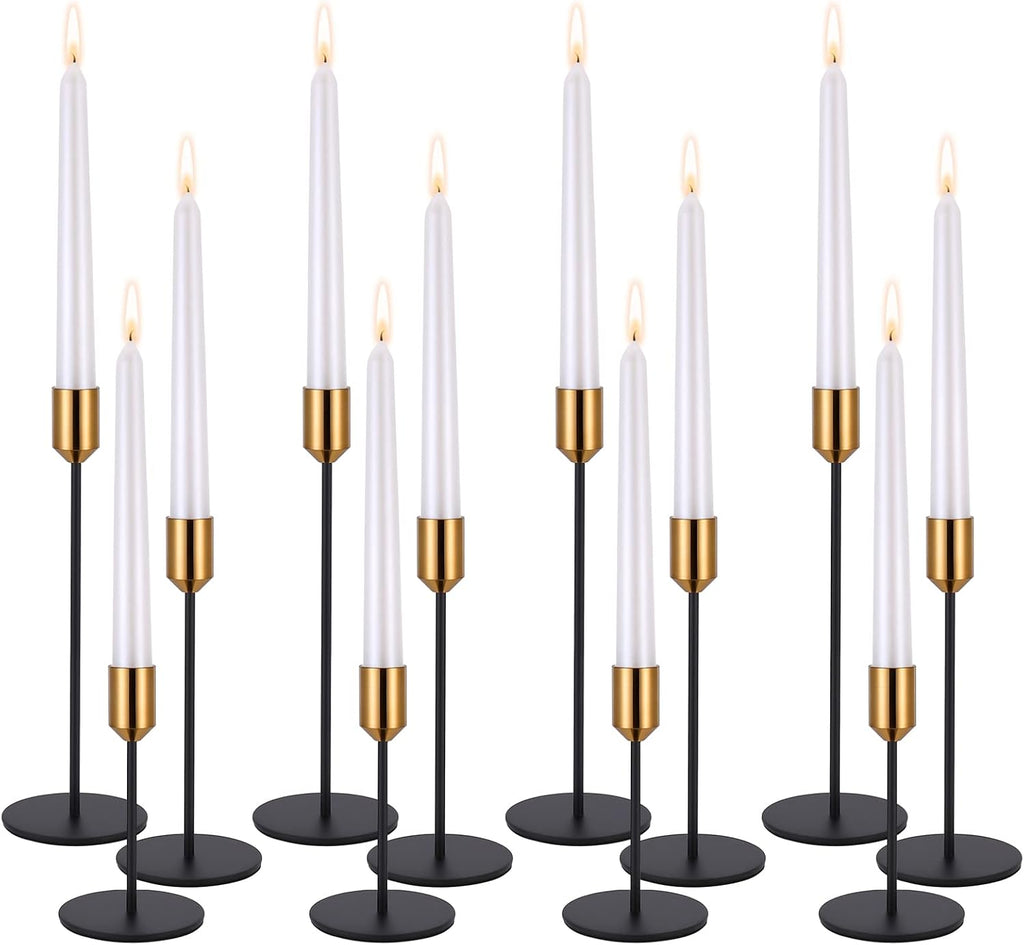 Black Gold Metal Taper Candle Holders Set of 12, Wedding Table Decor