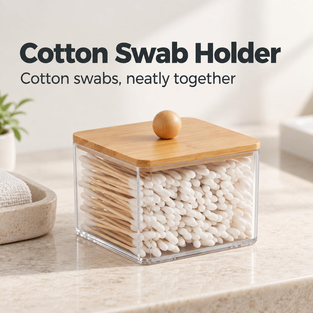 Cotton Swab Holder, Square, Bamboo Lid, Single Layer