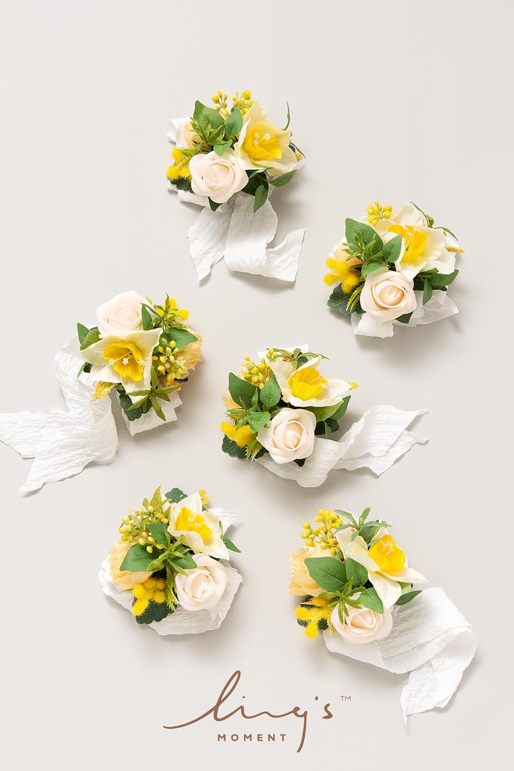 Ling's moment 6pcs Wedding Wrist Corsage Artificial Flowers, Girl/Mother Homecoming Prom Corsages Wristlet Décor, etc. Yellow Blush