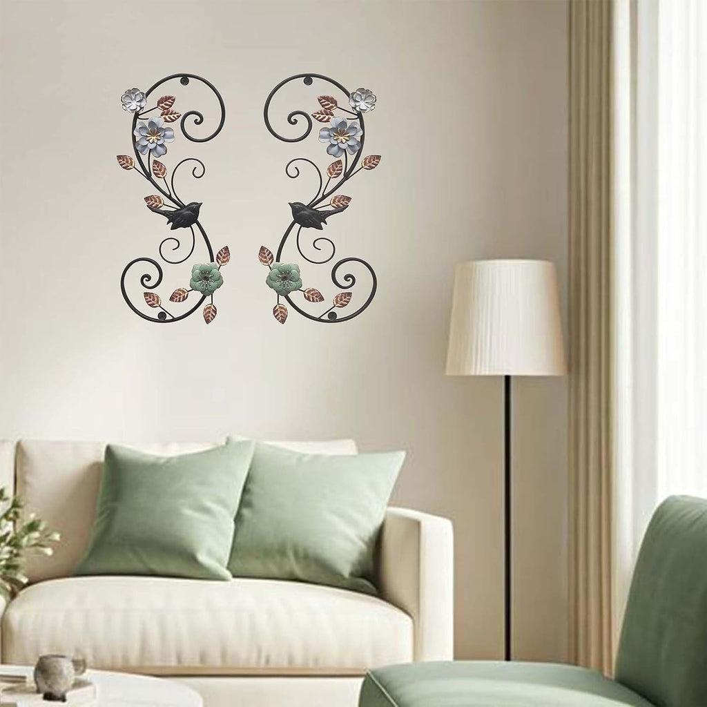 Birminwind 3D Metal Flower Wall Art: 2pcs Vintage Floral Wall Décor with Leaves Bird for Room, 15.16"