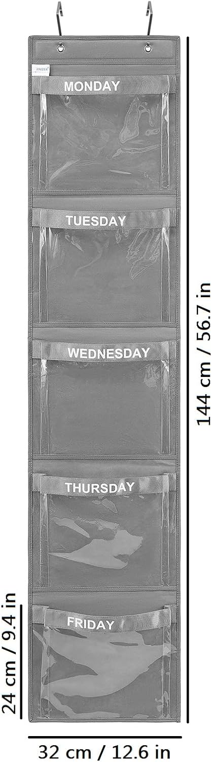 Day of Week Kids Clothes Organizer Weekly Hanging Closet Organizer Monday to Friday School Clothing Storage (GREY)