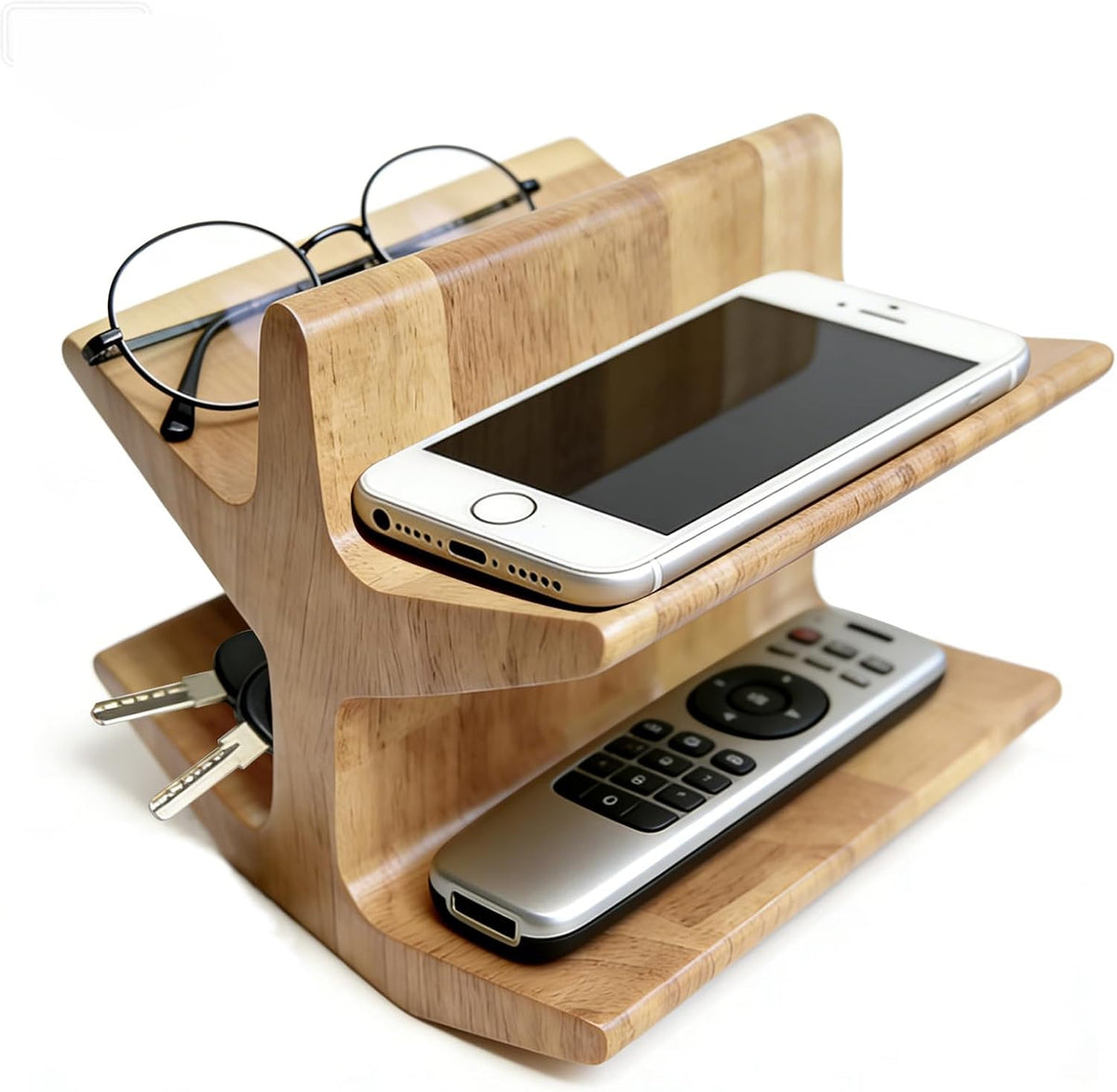 Wooden Remote Control Holder - TV Accessories & Glasses - Universal Living Room, Bedside Table or Office Desk Organizer in Natural Wood Finish (Wood grain brown)