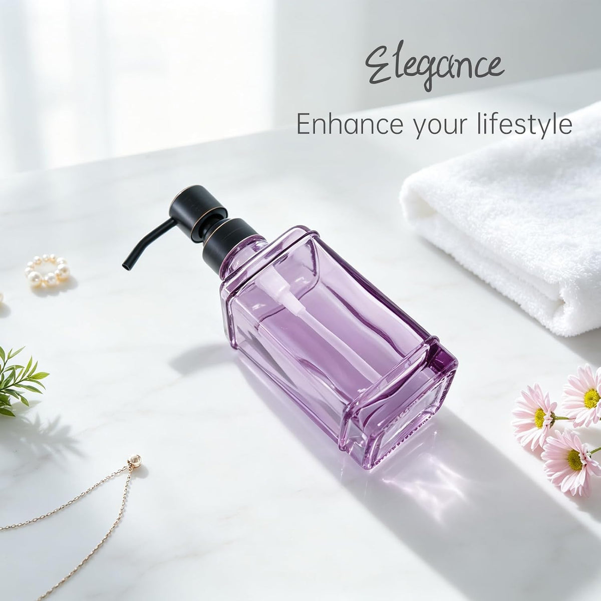 Soap Dispenser，10 Oz Antique Design Thick Glass Hand Soap Dispensers; with 304 Rust Proof Stainless Steel Pump, 6Pcs Stickers, for Kitchen,Bathroom Purple+Oil Rubbed Bronze
