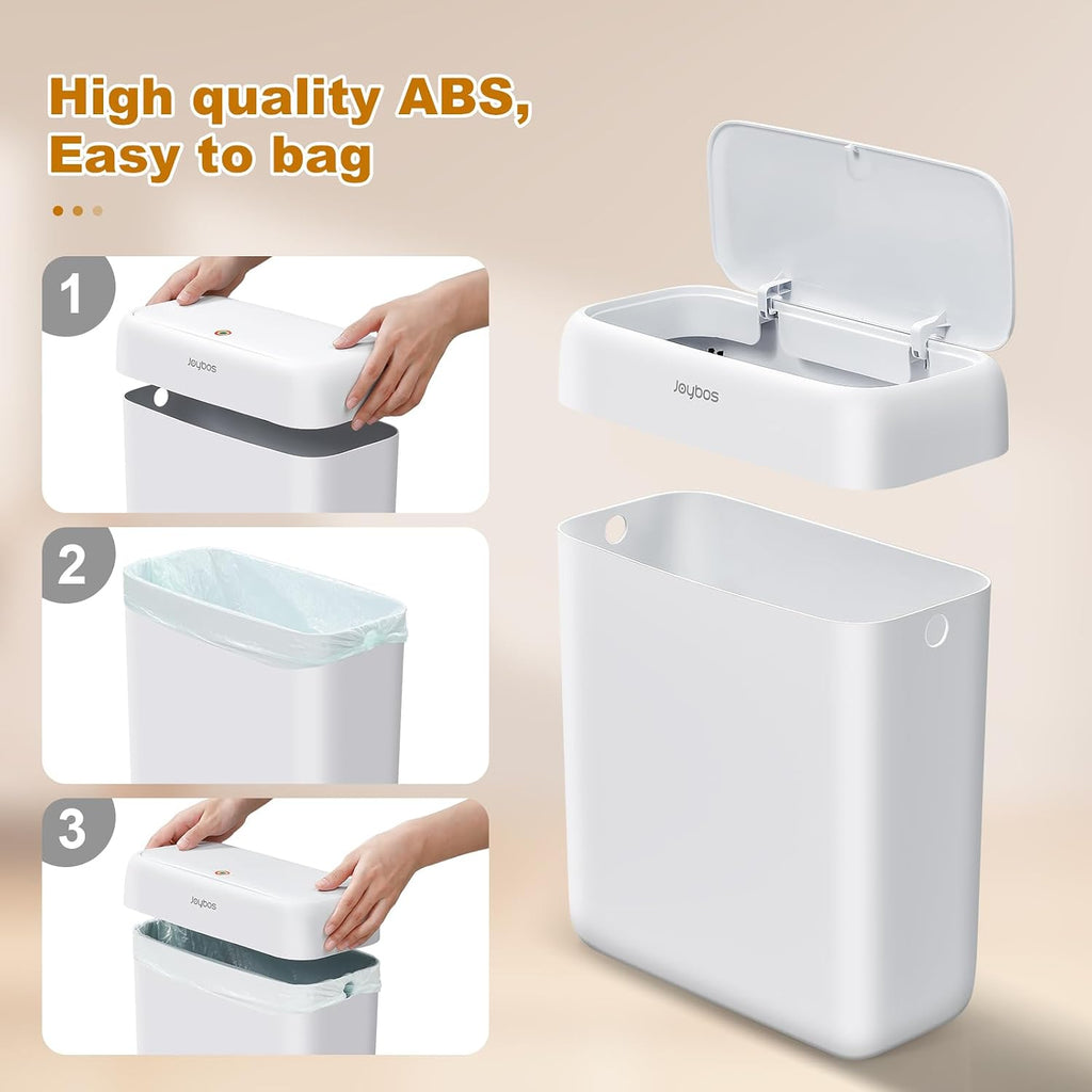 JOYBOS 2 Pack Bathroom Trash Can with Lid, 3 Gal/12 L & 2.7 Gal/10L Garbage Can with Pop-Up Lid,Small Spaces Plastic Trash Can, Slim Trash Bin Waste Basket for Bathroom,Rv, Office, White