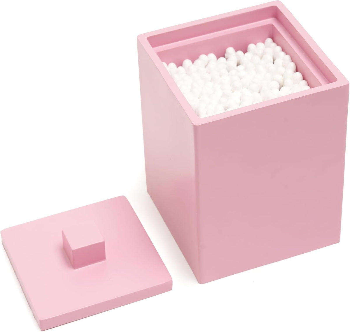 Bathroom Q Tip Holder with lid, Resin ,Square (Matte Pink)