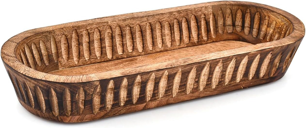 Kaizen Casa Decorative Mango Wood Bowl – Hand-Carved Wooden Centerpiece with Burned Finish for Entry Table, Coffee Table, Kitchen & Dining Room | Rustic Farmhouse Décor (14" X 6" X 2")