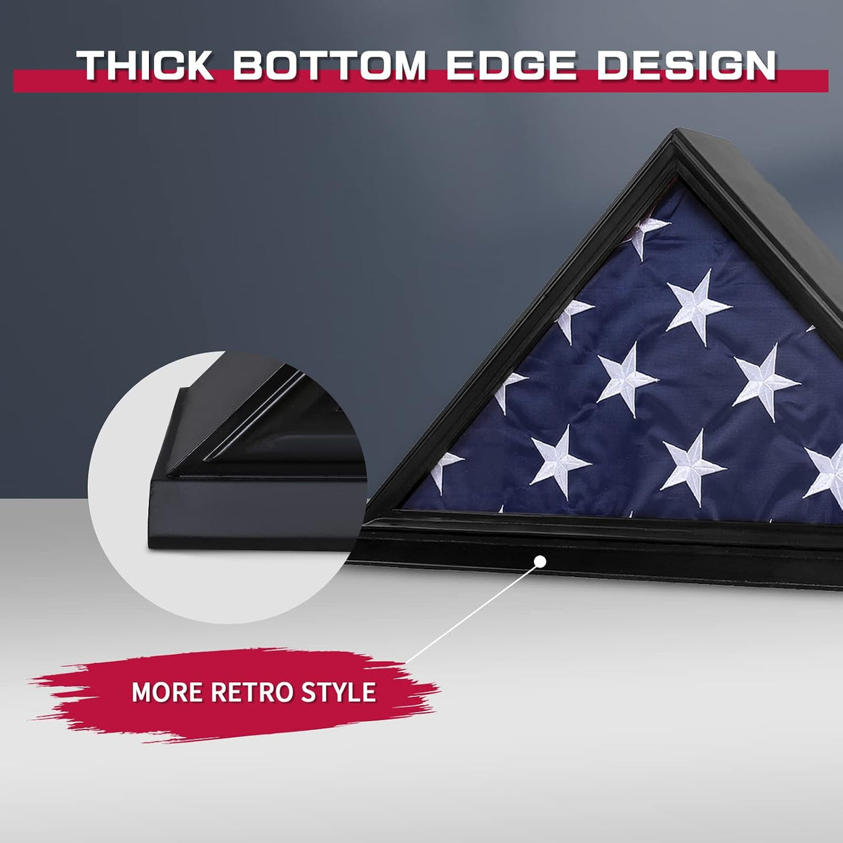 Flag Display Case, Thick Bottom Edge Military Flag Box with High Transparent Glass Front, Solid Wood Wall Mounted Flag Case Shadow Box for 5'x9.5' American Veteran Burial Flag (Black)