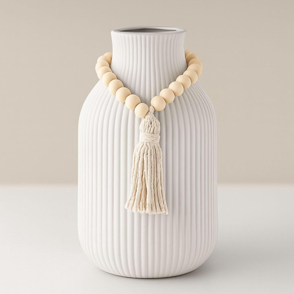 JOHOUSE White Ceramic Vase, 7.9 Inch Ribbed Vase with Wooden Beads Tassel